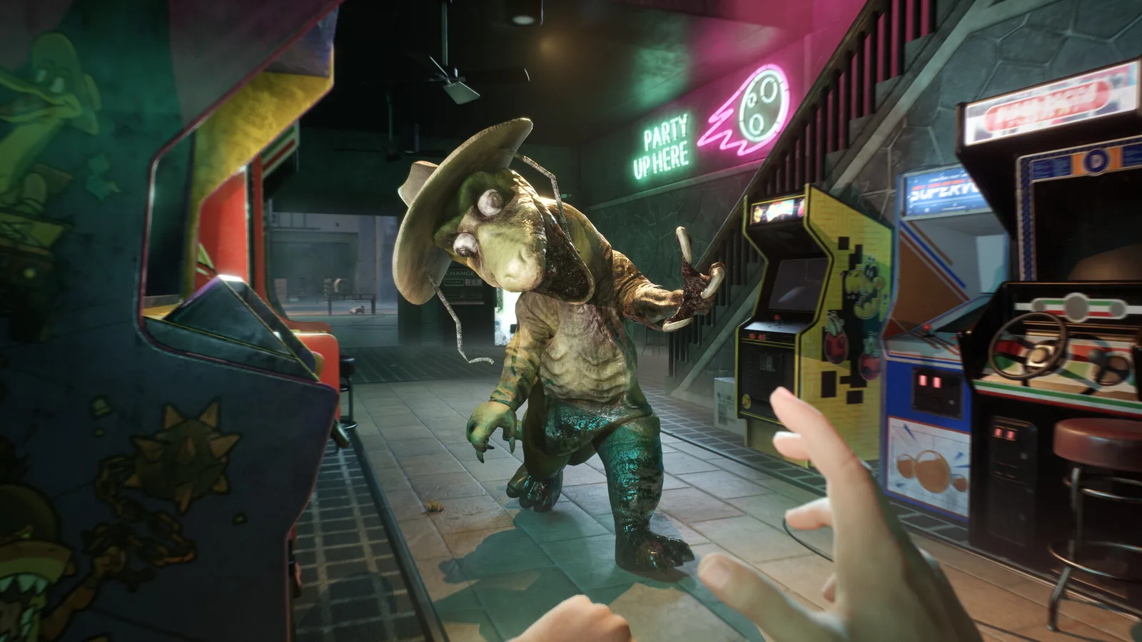 Dennis the Dilophosaurus mascot standing in the arcade of Dalton's Dinos